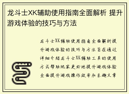 龙斗士XK辅助使用指南全面解析 提升游戏体验的技巧与方法